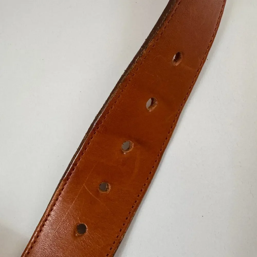 Vintage Mod Depose USA Belt Camel Tan Genuine Leather Wide Gold Brass Buckle M